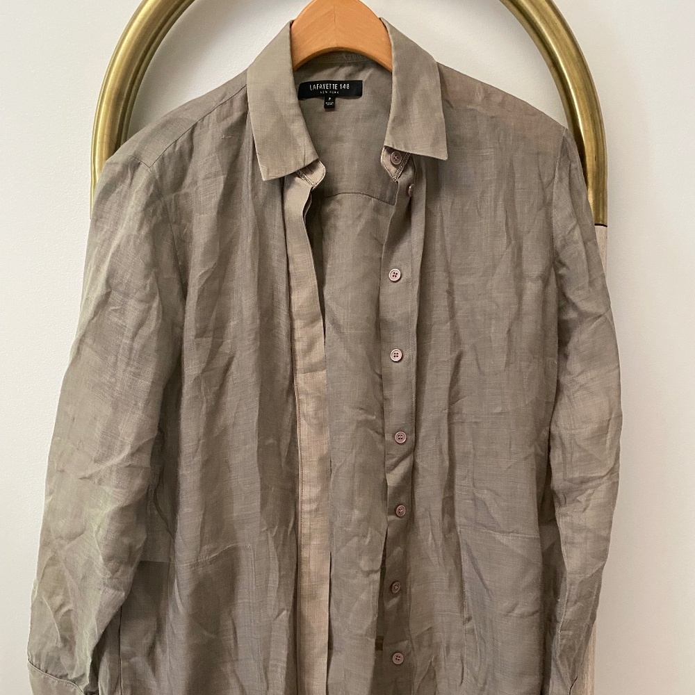 Lafayette 148 New York Ramie Tencel Cotton Silk Gray Lightweight Shirt Size P